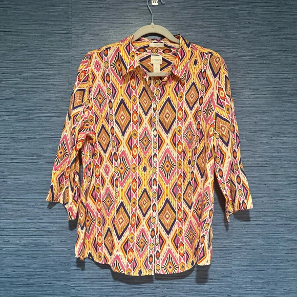 Chico's Effortless Linen Ikat Button Back Shirt Europa Pink Size 2 Large NWT - Picture 1 of 8